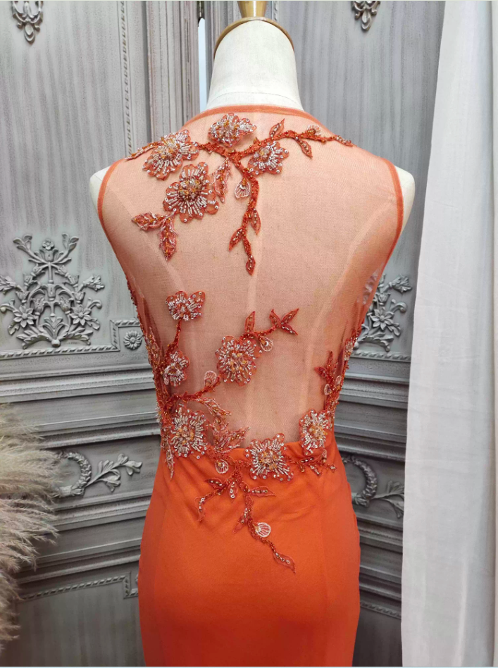 Elegant Orange Mermaid Spaghetti Strap Beaded Chiffon Long Prom Dresses Evening Dresses