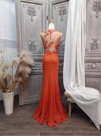 Elegant Orange Mermaid Spaghetti Strap Beaded Chiffon Long Prom Dresses Evening Dresses