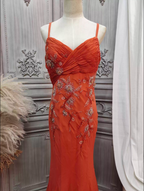 Elegant Orange Mermaid Spaghetti Strap Beaded Chiffon Long Prom Dresses Evening Dresses