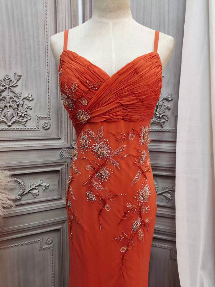 Elegant Orange Mermaid Spaghetti Strap Beaded Chiffon Long Prom Dresses Evening Dresses