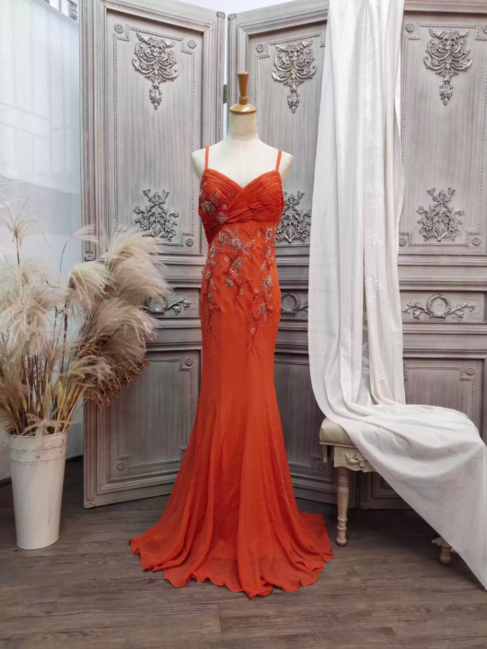 Elegant Orange Mermaid Spaghetti Strap Beaded Chiffon Long Prom Dresses Evening Dresses Main image