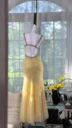 Elegant Pale Yellow Mermaid Strapless Backless Beaded Chiffon Long Prom Dresses Evening Dresses