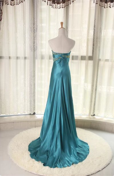 Elegant Peacock Blue Sweetheart Neck Embroidered Satin High-Low Hem Prom Dresses Evening Dresses