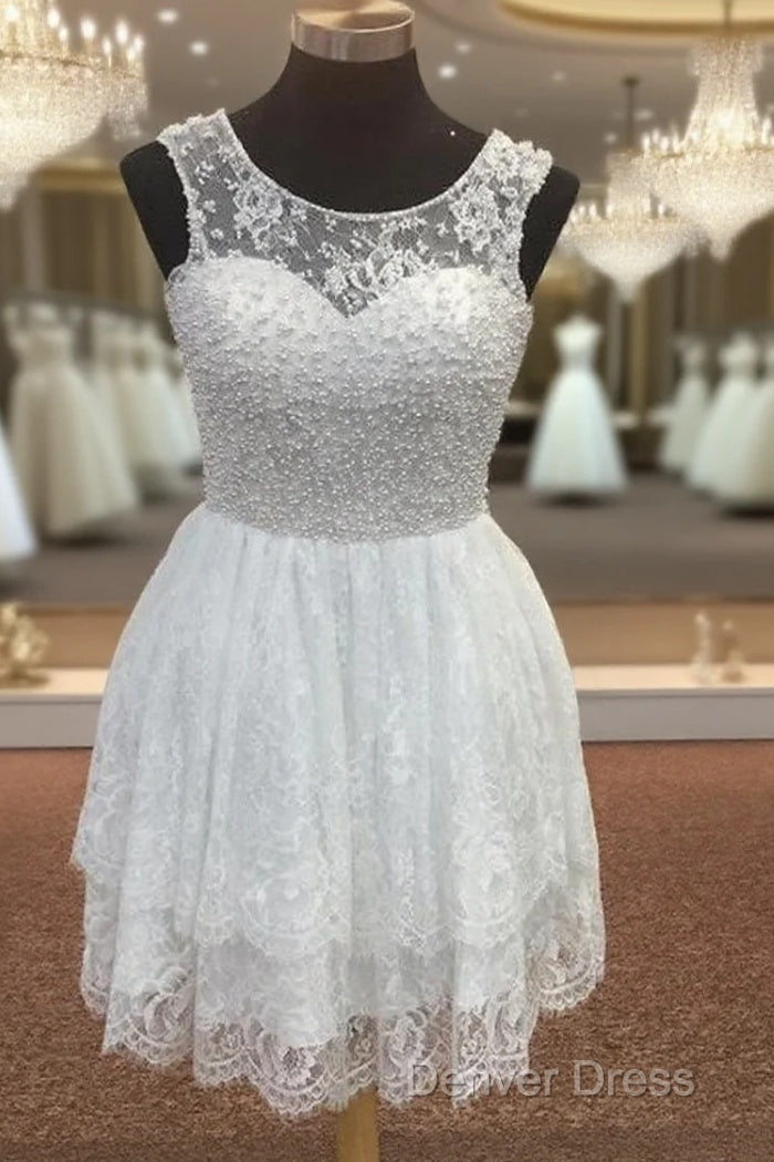 Elegant Pearl Beading White Lace Homecoming Dresses Main image