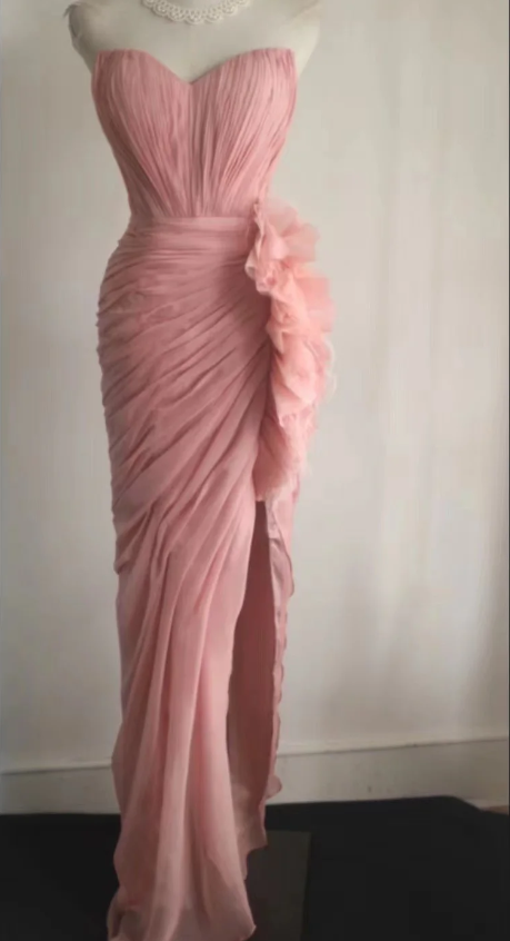 Elegant Pink 3D Floral Strapless High-Slit Chiffon Prom Dresses Evening Dresses