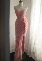 Elegant Pink 3D Floral Strapless High-Slit Chiffon Prom Dresses Evening Dresses