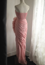 Elegant Pink 3D Floral Strapless High-Slit Chiffon Prom Dresses Evening Dresses