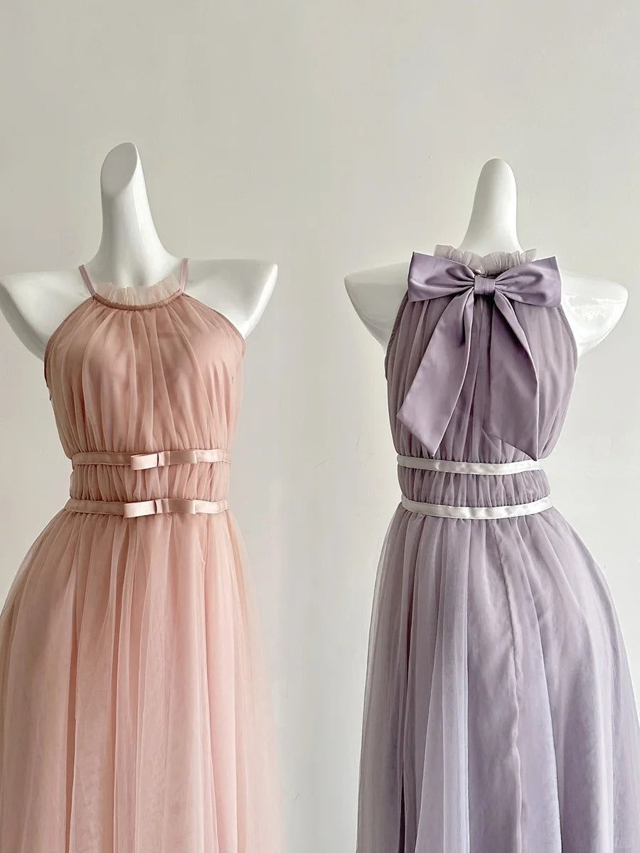 Elegant Pink A-Line Halter Neck Waist Tulle Long Prom Dresses Evening Dresses Bridesmaid Dresses