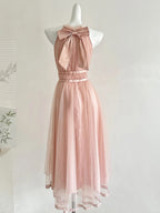 Elegant Pink A-Line Halter Neck Waist Tulle Long Prom Dresses Evening Dresses Bridesmaid Dresses