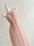 Elegant Pink A-Line Halter Neck Waist Tulle Long Prom Dresses Evening Dresses Bridesmaid Dresses