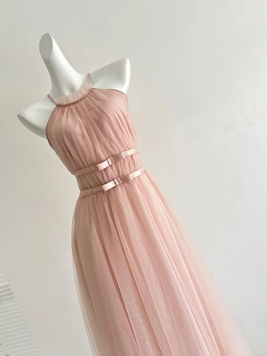 Elegant Pink A-Line Halter Neck Waist Tulle Long Prom Dresses Evening Dresses Bridesmaid Dresses