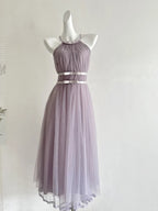 Elegant Pink A-Line Halter Neck Waist Tulle Long Prom Dresses Evening Dresses Bridesmaid Dresses
