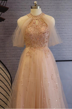 Elegant Pink A-Line Halter Tulle Long Prom Dresses Evening Dresses