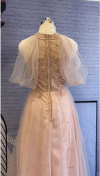Elegant Pink A-Line Halter Tulle Long Prom Dresses Evening Dresses
