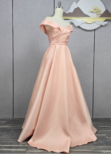 Elegant Pink A-Line Off-The-Shoulder Satin Long Prom Dresses Evening Dresses Bridesmaid Dresses Secondary image
