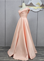 Elegant Pink A-Line Off-The-Shoulder Satin Long Prom Dresses Evening Dresses Bridesmaid Dresses