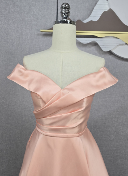Elegant Pink A-Line Off-The-Shoulder Satin Long Prom Dresses Evening Dresses Bridesmaid Dresses