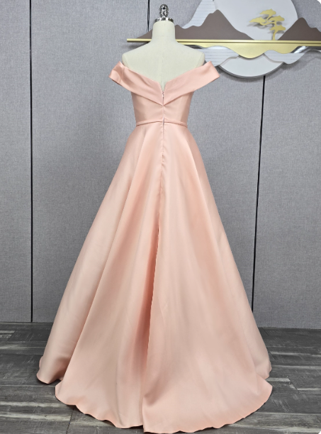 Elegant Pink A-Line Off-The-Shoulder Satin Long Prom Dresses Evening Dresses Bridesmaid Dresses