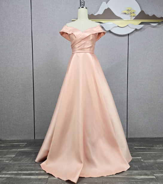 Elegant Pink A-Line Off-The-Shoulder Satin Long Prom Dresses Evening Dresses Bridesmaid Dresses