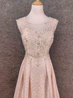 Elegant Pink A-Line Sleeveless Crew Neck Lace Rhinestone Brocade Satin Long Prom Dresses Evening Dresses