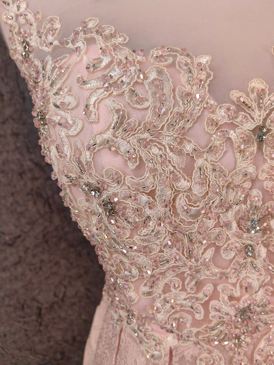 Elegant Pink A-Line Sleeveless Crew Neck Lace Rhinestone Brocade Satin Long Prom Dresses Evening Dresses