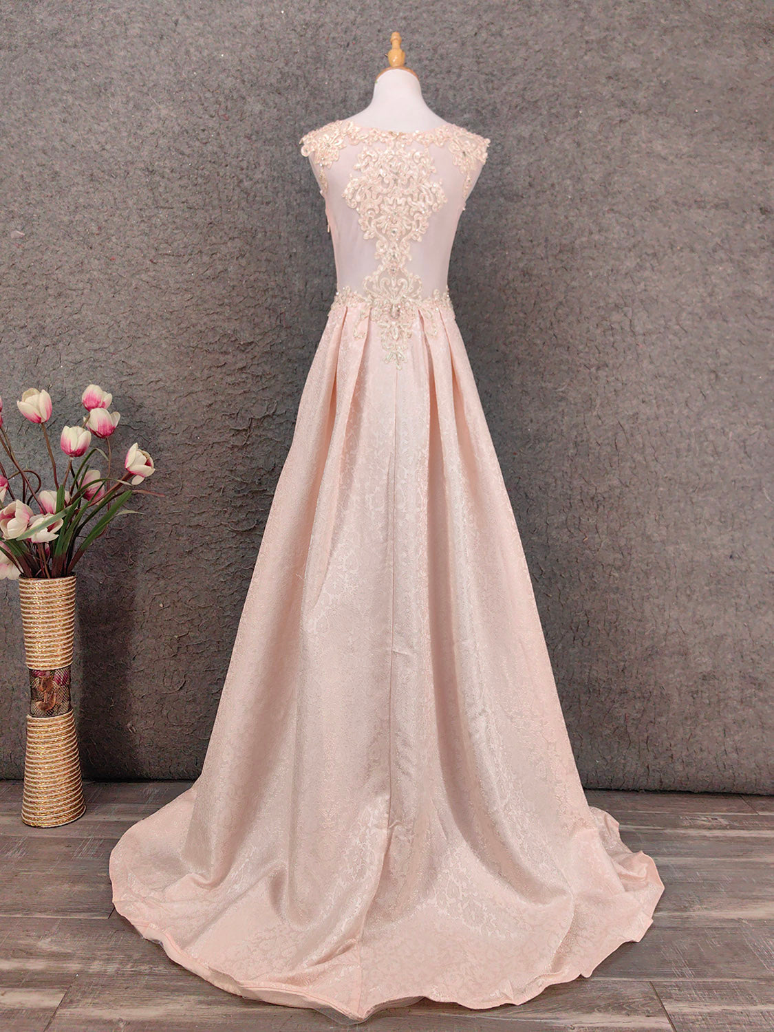 Elegant Pink A-Line Sleeveless Crew Neck Lace Rhinestone Brocade Satin Long Prom Dresses Evening Dresses