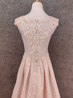 Elegant Pink A-Line Sleeveless Crew Neck Lace Rhinestone Brocade Satin Long Prom Dresses Evening Dresses