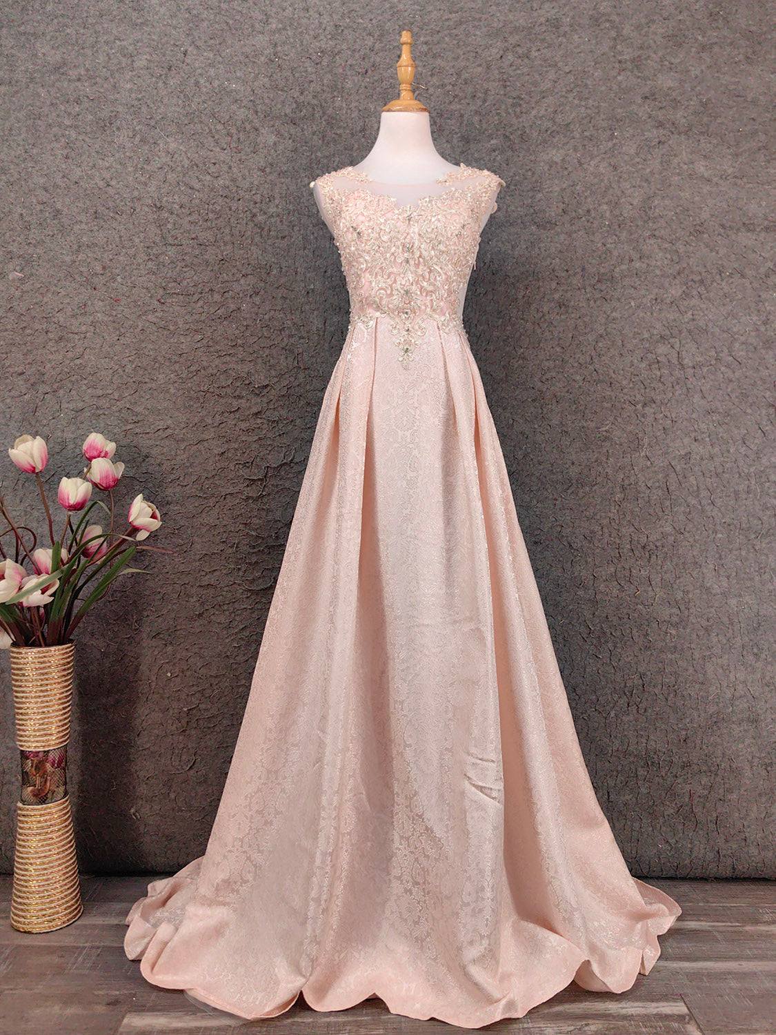Elegant Pink A-Line Sleeveless Crew Neck Lace Rhinestone Brocade Satin Long Prom Dresses Evening Dresses Main image