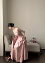 Elegant Pink A-Line Square Neck Strap Satin Long Prom Dresses Evening Dresses