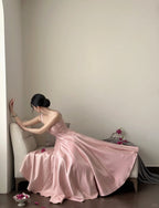 Elegant Pink A-Line Square Neck Strap Satin Long Prom Dresses Evening Dresses