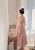 Elegant Pink A-Line Square Neck Strap Satin Long Prom Dresses Evening Dresses