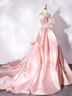 Elegant Pink A Line Strapless Appliques Satin Prom Dress