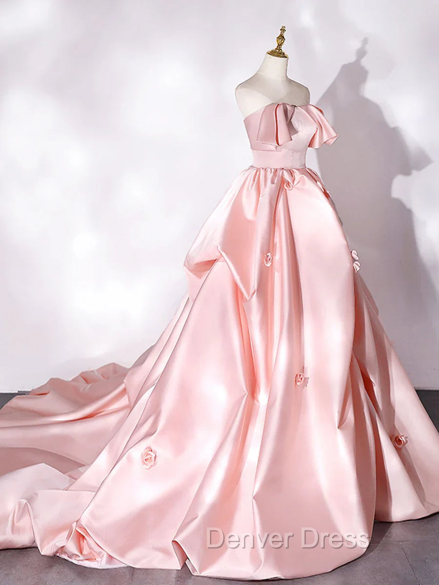 Elegant Pink A Line Strapless Appliques Satin Prom Dress