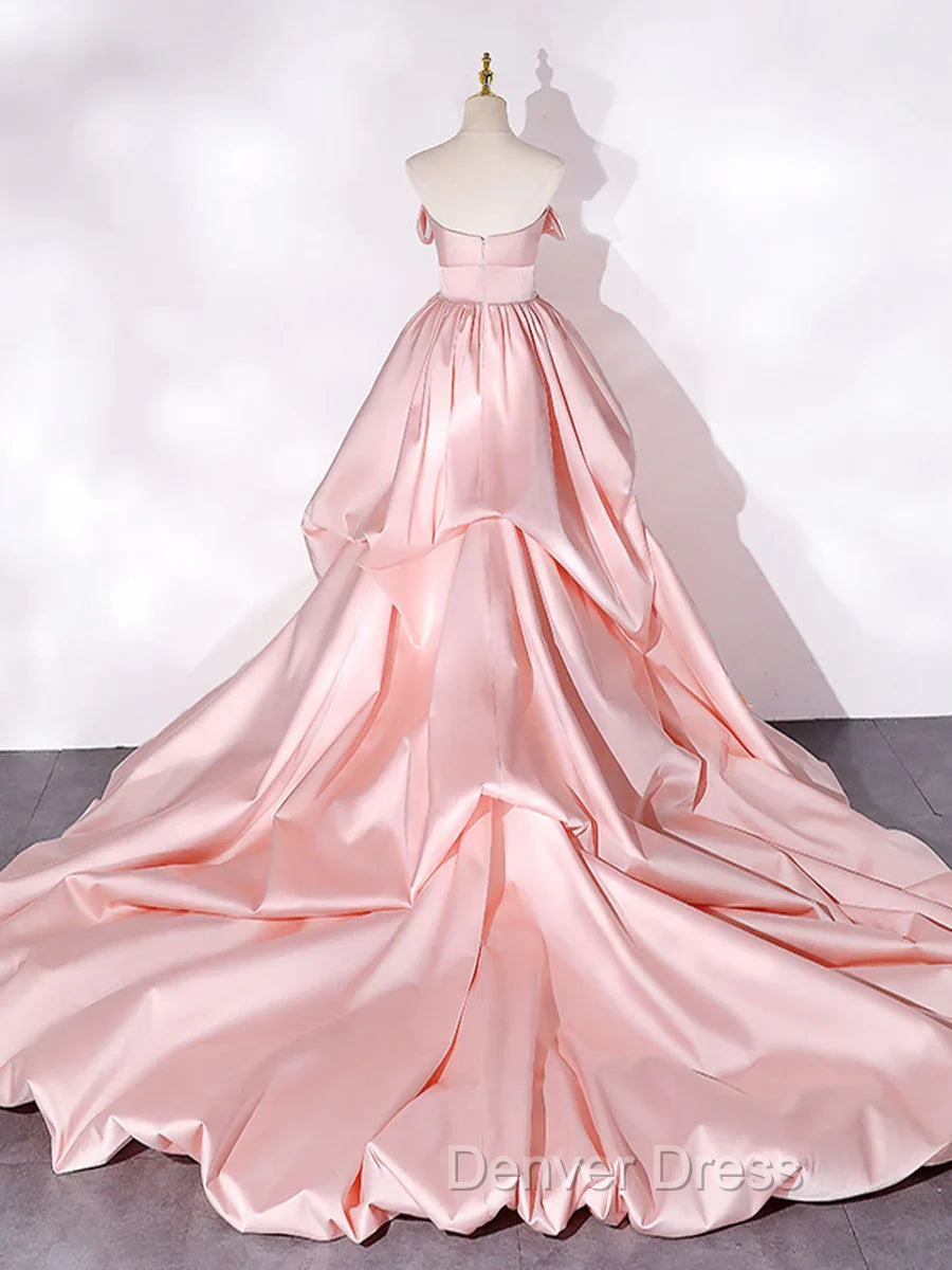 Elegant Pink A Line Strapless Appliques Satin Prom Dress