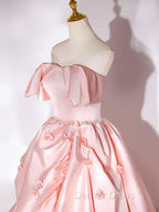 Elegant Pink A Line Strapless Appliques Satin Prom Dress