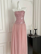 Elegant Pink A-Line Tube Top Sequined Tulle Long Prom Dresses Evening Dresses Bridesmaid Dresses