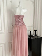 Elegant Pink A-Line Tube Top Sequined Tulle Long Prom Dresses Evening Dresses Bridesmaid Dresses