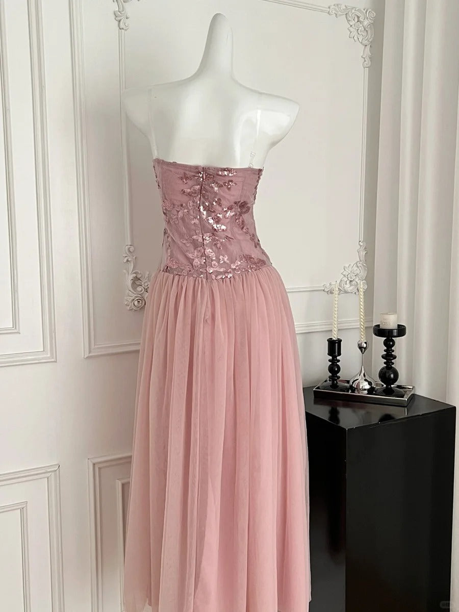 Elegant Pink A-Line Tube Top Sequined Tulle Long Prom Dresses Evening Dresses Bridesmaid Dresses