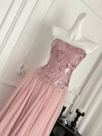 Elegant Pink A-Line Tube Top Sequined Tulle Long Prom Dresses Evening Dresses Bridesmaid Dresses