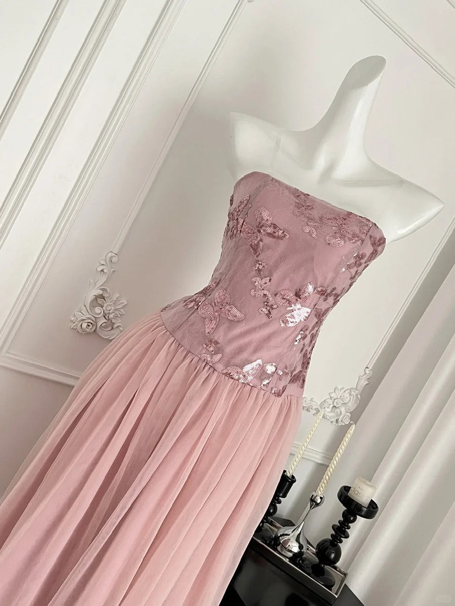 Elegant Pink A-Line Tube Top Sequined Tulle Long Prom Dresses Evening Dresses Bridesmaid Dresses