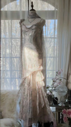 Elegant Pink Chiffon Lotus Beaded Mermaid Long Prom Dress