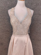 Elegant Pink Halter Neck V-Neck Rhinestone Lace Satin Long Prom Dresses Evening Dresses