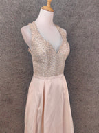 Elegant Pink Halter Neck V-Neck Rhinestone Lace Satin Long Prom Dresses Evening Dresses