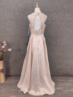 Elegant Pink Halter Neck V-Neck Rhinestone Lace Satin Long Prom Dresses Evening Dresses