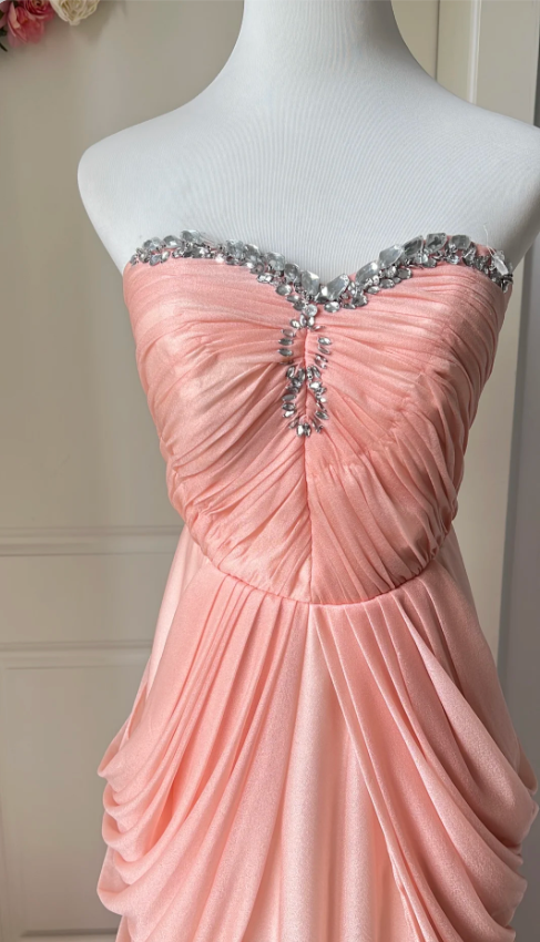Elegant Pink Heart Neckline Rhinestone Chiffon Long Prom Dresses Evening Dresses