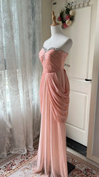 Elegant Pink Heart Neckline Rhinestone Chiffon Long Prom Dresses Evening Dresses
