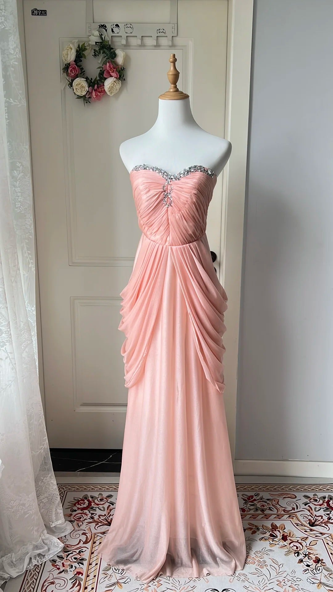 Elegant Pink Heart Neckline Rhinestone Chiffon Long Prom Dresses Evening Dresses