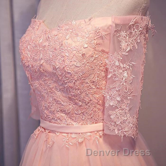 Elegant Pink Lace Appliques Off The Shoulder Tulle Bridesmaid Dresses Short Secondary image