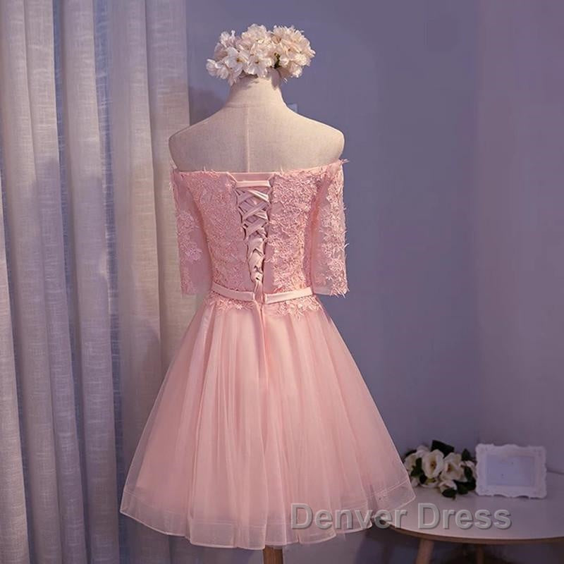 Elegant Pink Lace Appliques Off The Shoulder Tulle Bridesmaid Dresses Short