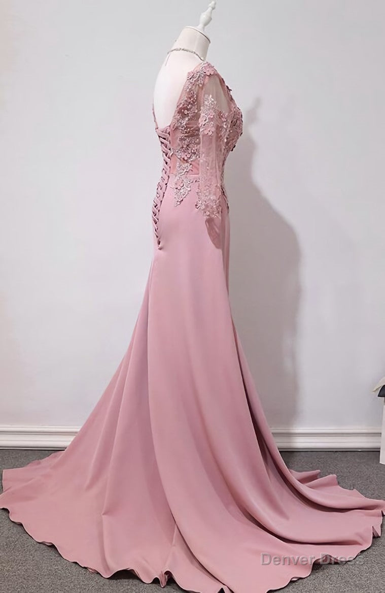 Elegant Pink Long Sleeves Lace Applique Long Party Dress, Pink Prom Dress Main image